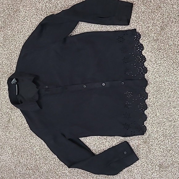 Relativity suede feel black button down laser cut eyelet floral pattern hem top - Picture 3 of 4